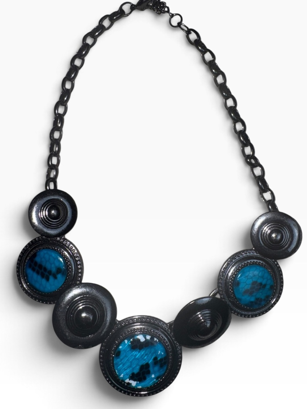Black Metal Statement Necklace with Blue Accents